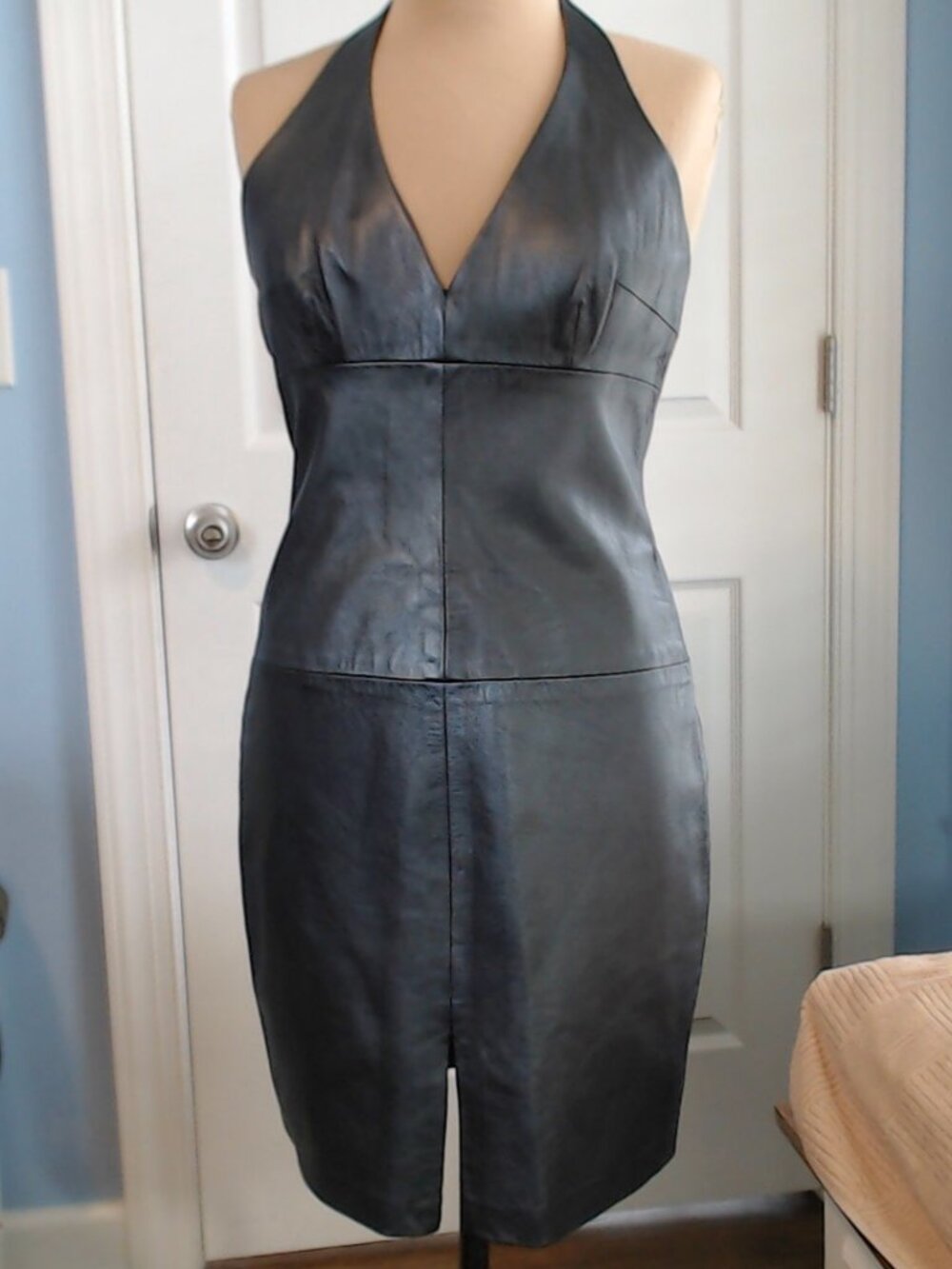 Vintage Laundry by Shelli Segal Pewter Leather Halter Neck Dress Size 8 Y2K